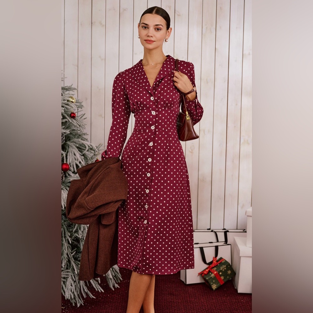 RIHOAS Wine Red Polka Dot Ruched Midi Dress